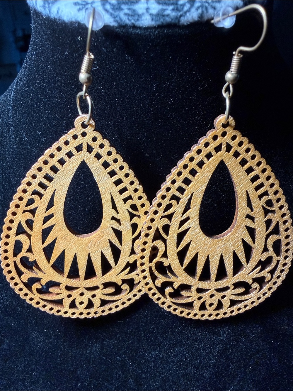 Gold Teardrop Filigree Earrings - Wooden - New!